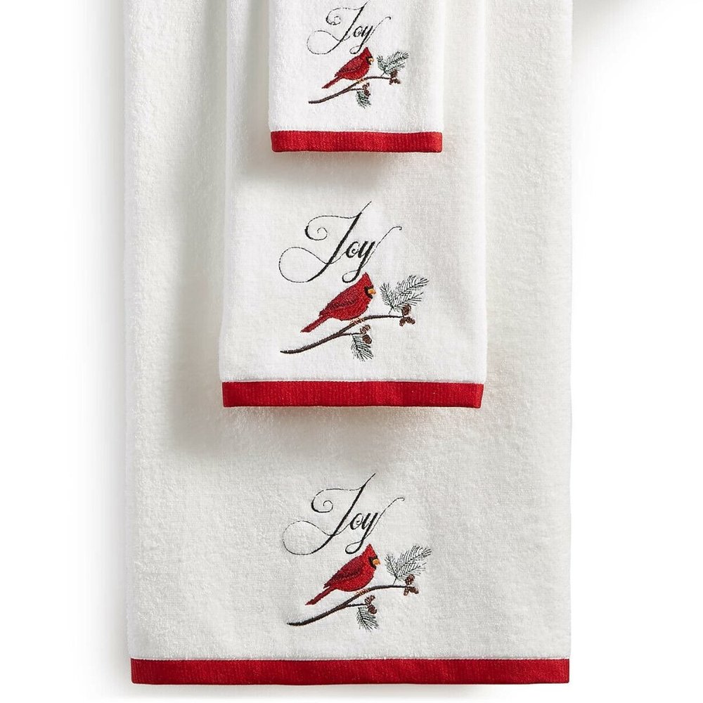 Martha Stewart Christmas Joy Cardinal Embroidered Cotton 16" x 28" Hand Towel